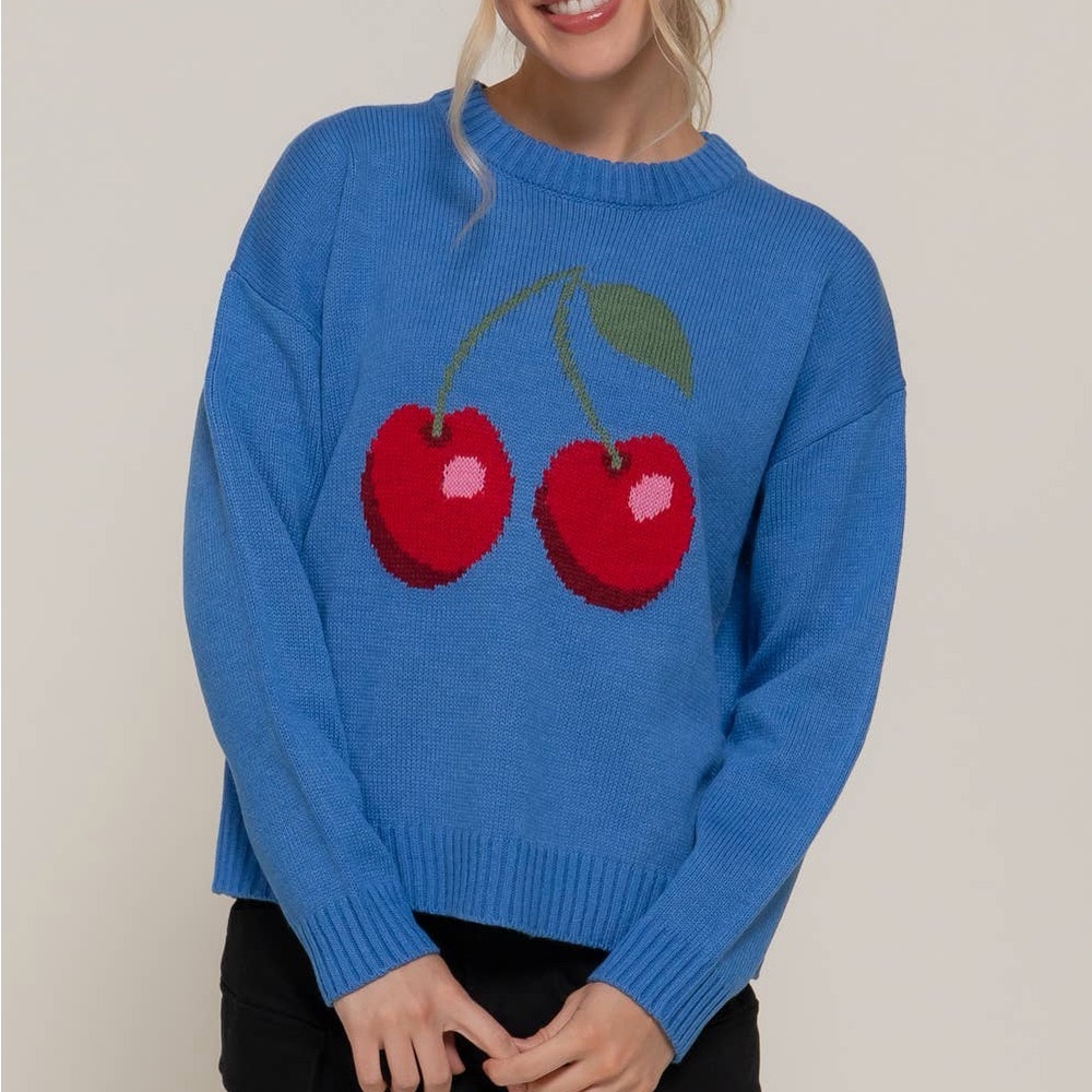 Cherry Design Blue Sweater